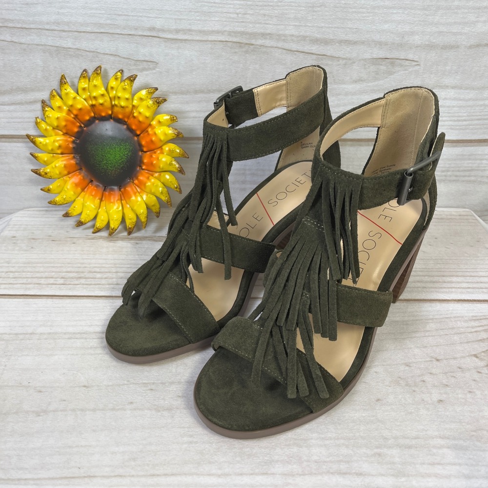 Sole Society Delilah Dark Olive Green‎ Suede Fringe Block Heel Sandals Womens 8